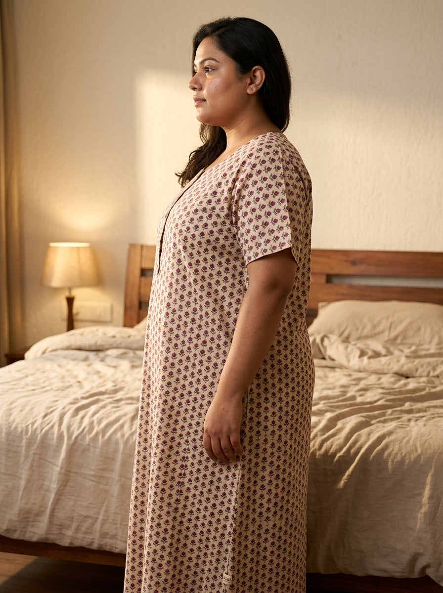 Beige Cotton Floral Plus Size Nightgown – Comfortable Sleepwear