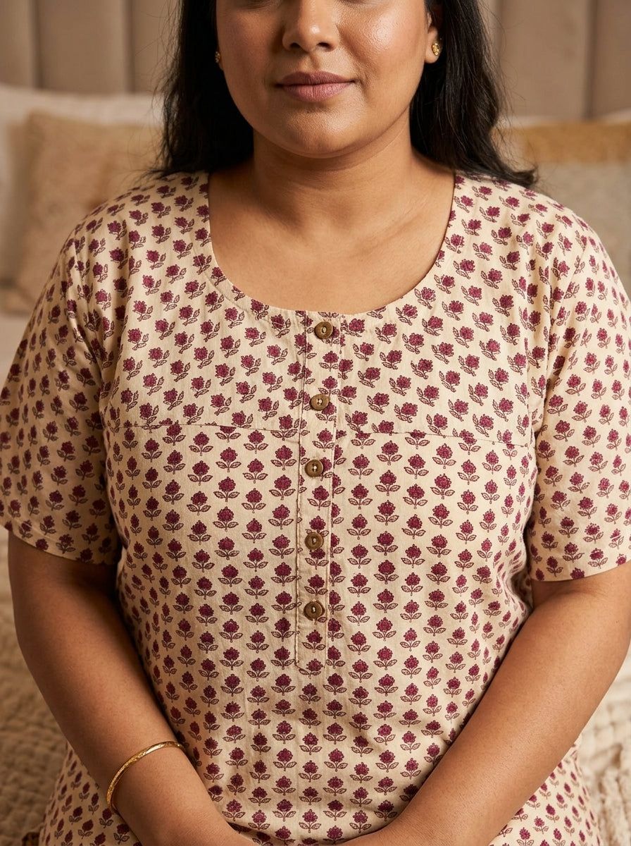 Beige Cotton Floral Plus Size Nightgown – Comfortable Sleepwear