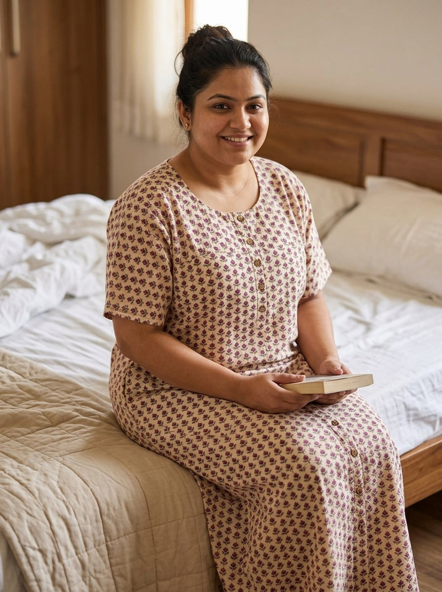 Beige Cotton Floral Plus Size Nightgown – Comfortable Sleepwear