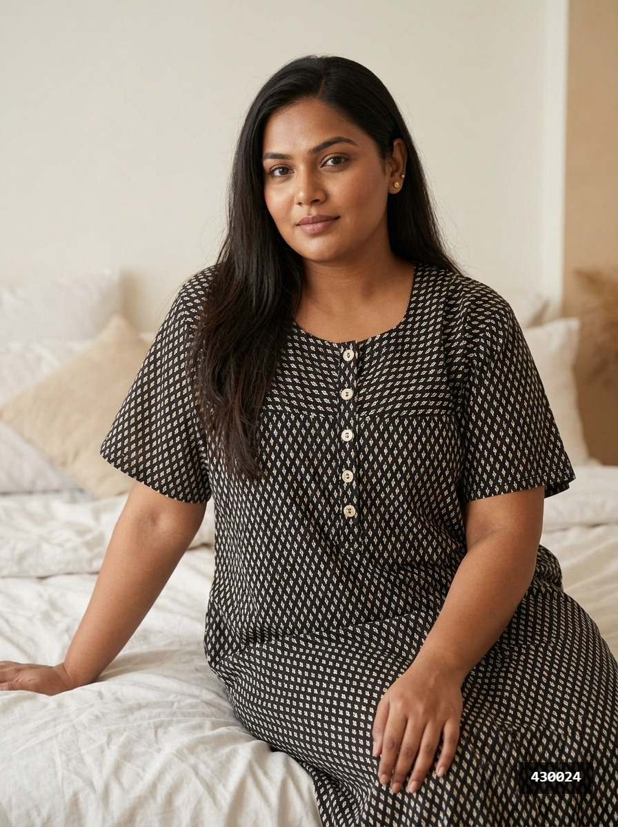 Black Cotton Floral Plus Size Nightgown – Comfortable Sleepwear