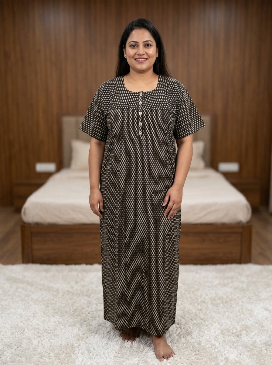 Black Cotton Floral Plus Size Nightgown – Comfortable Sleepwear