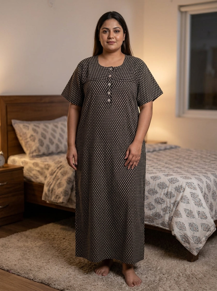 Black Cotton Floral Plus Size Nightgown – Comfortable Sleepwear