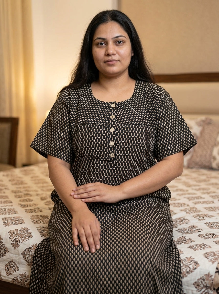 Black Cotton Floral Plus Size Nightgown – Comfortable Sleepwear