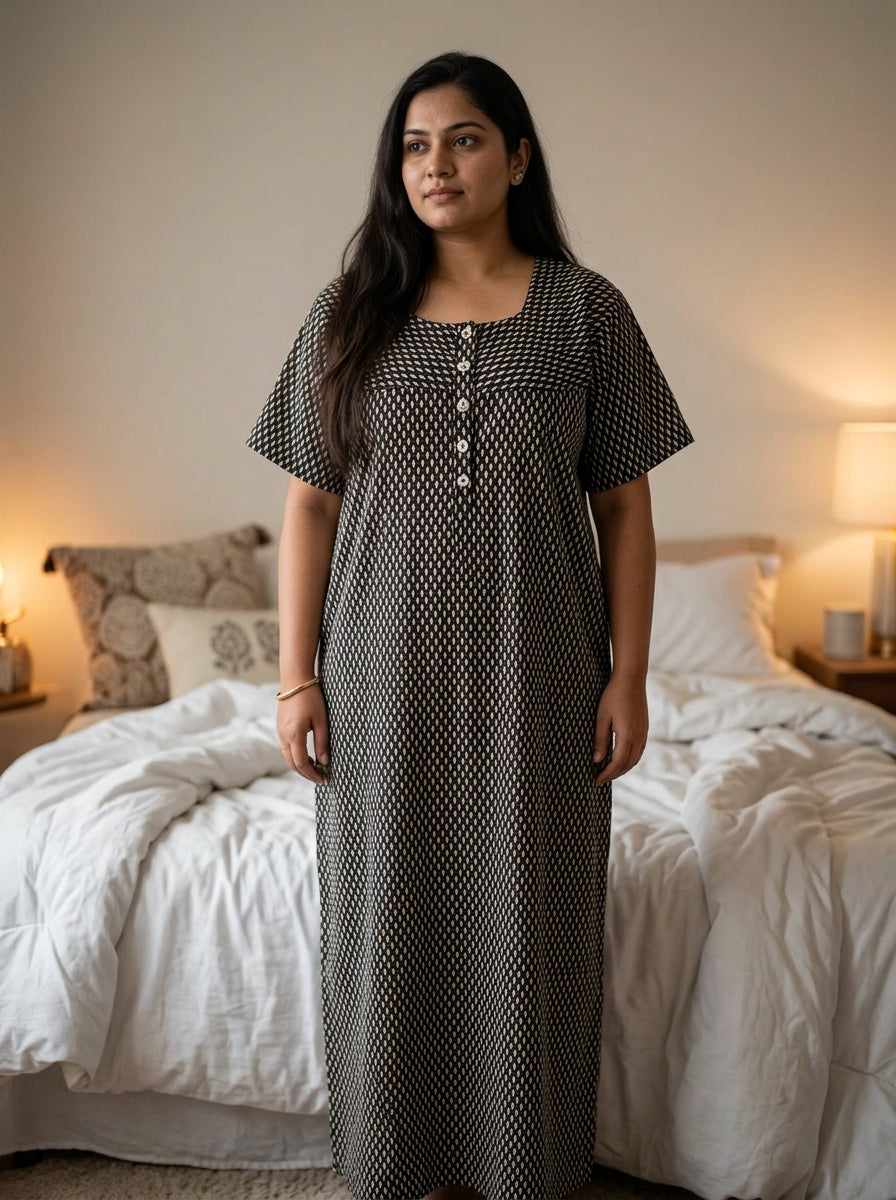Black Cotton Floral Plus Size Nightgown – Comfortable Sleepwear