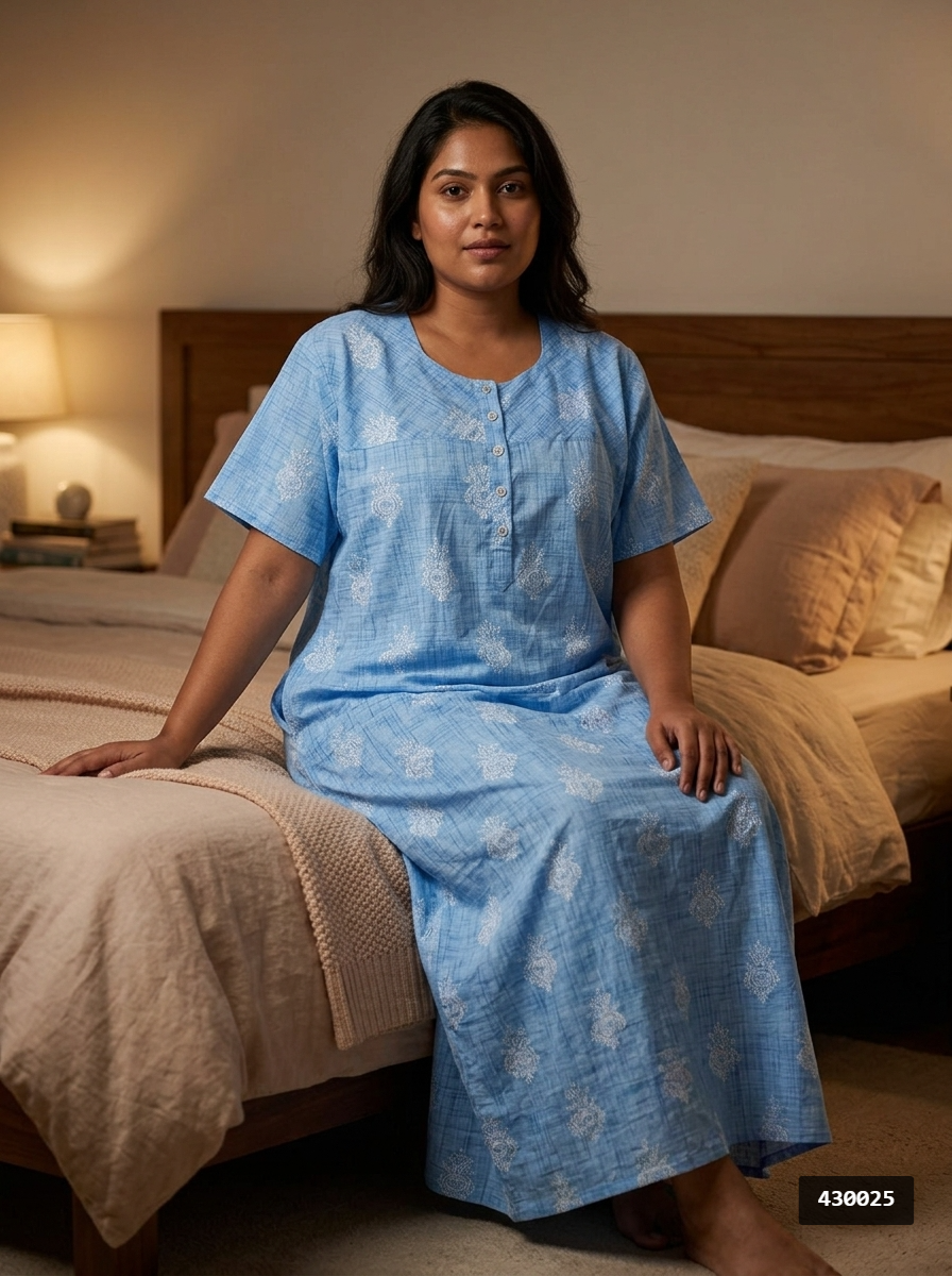 Blue Cotton Floral Plus Size Nightgown – Comfortable Sleepwear Secondary image