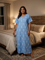 Blue Cotton Floral Plus Size Nightgown – Comfortable Sleepwear
