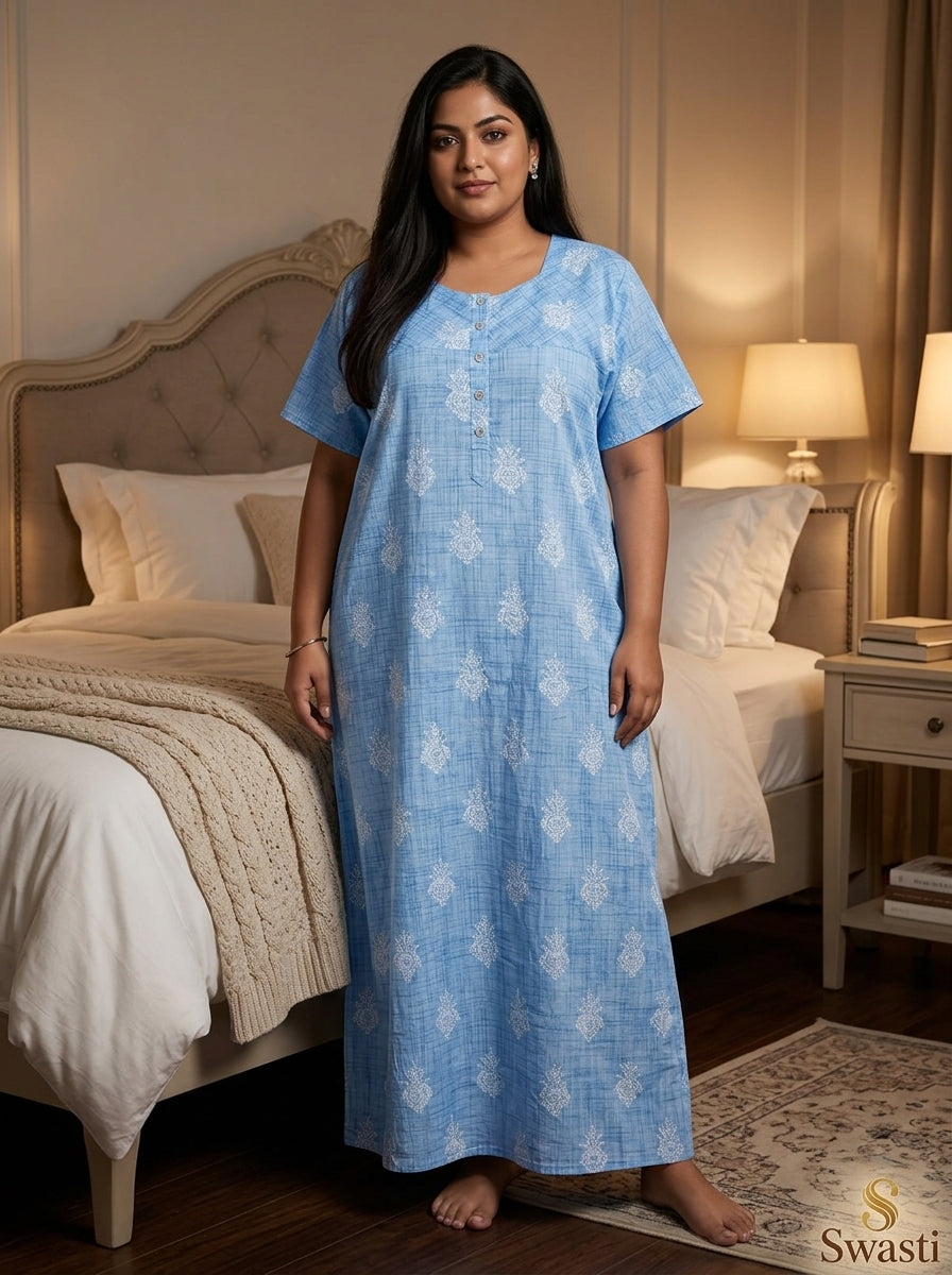 Blue Cotton Floral Plus Size Nightgown – Comfortable Sleepwear Main image