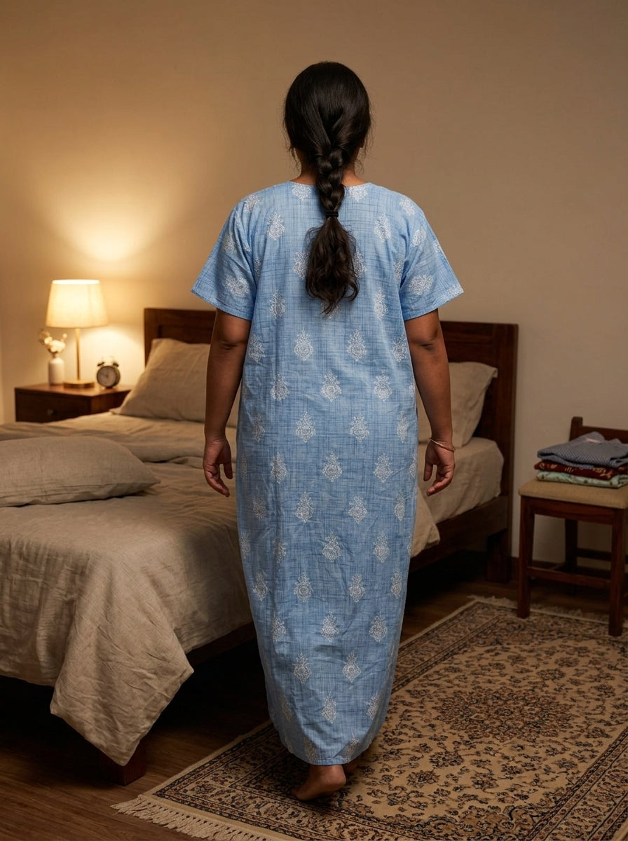 Blue Cotton Floral Plus Size Nightgown – Comfortable Sleepwear