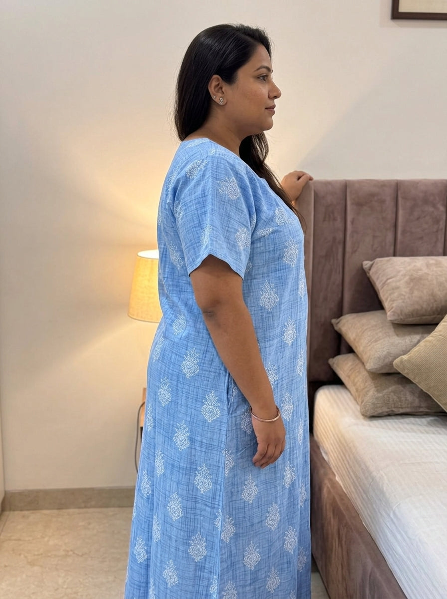 Blue Cotton Floral Plus Size Nightgown – Comfortable Sleepwear