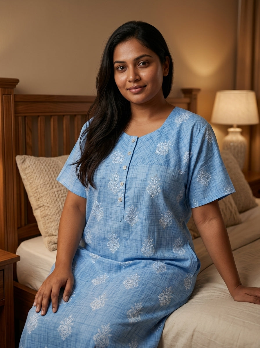 Blue Cotton Floral Plus Size Nightgown – Comfortable Sleepwear