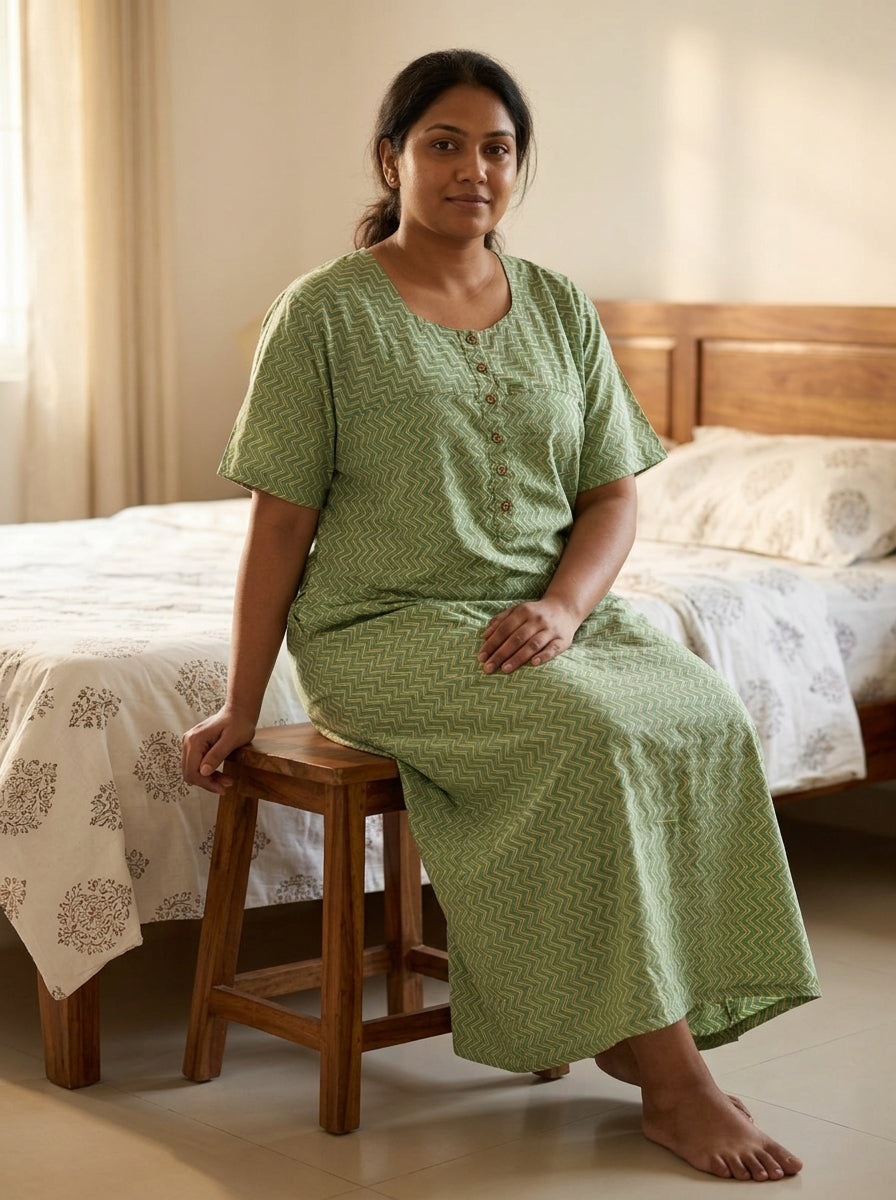 Green Cotton Floral Plus Size Nightgown – Comfortable Sleepwear