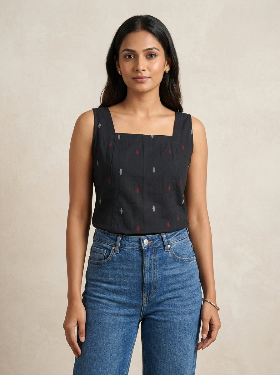 Black Ikat Cotton Sleeveless Top with Scoop Back Main image