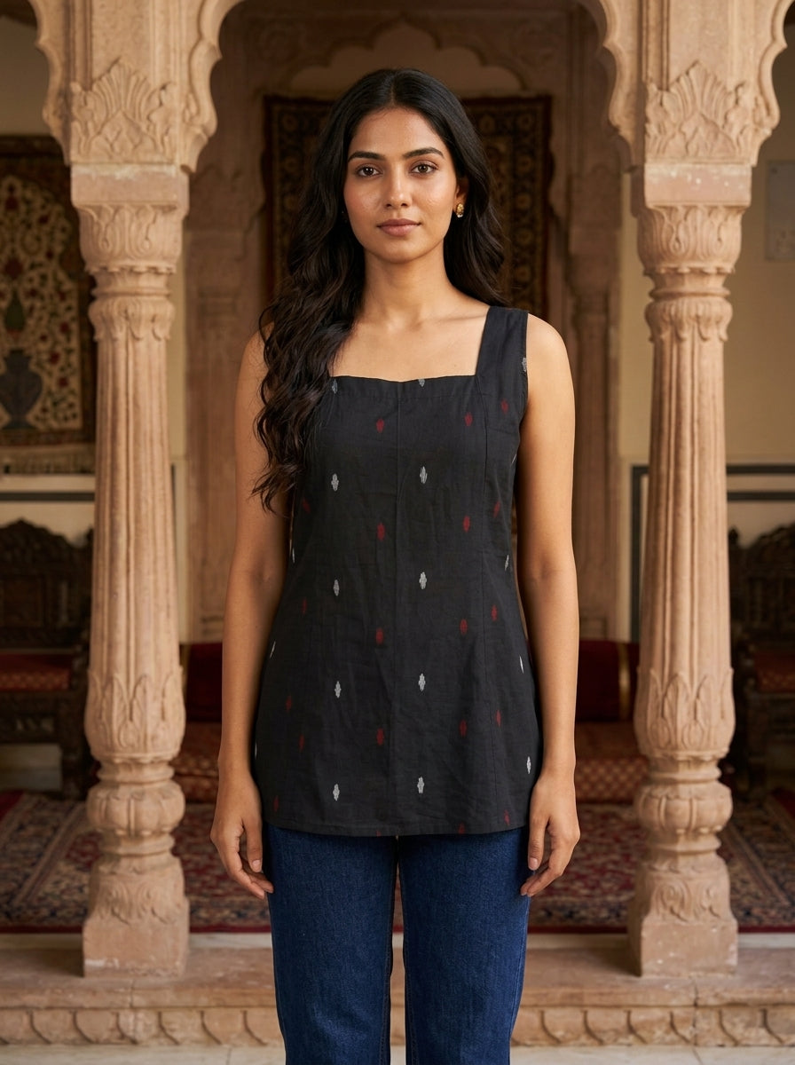 Black Ikat Cotton Sleeveless Top with Scoop Back Secondary image