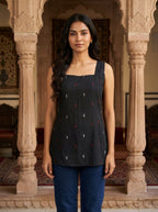 Black Ikat Cotton Sleeveless Top with Scoop Back