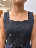Black Ikat Cotton Sleeveless Top with Scoop Back