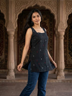Black Ikat Cotton Sleeveless Top with Scoop Back