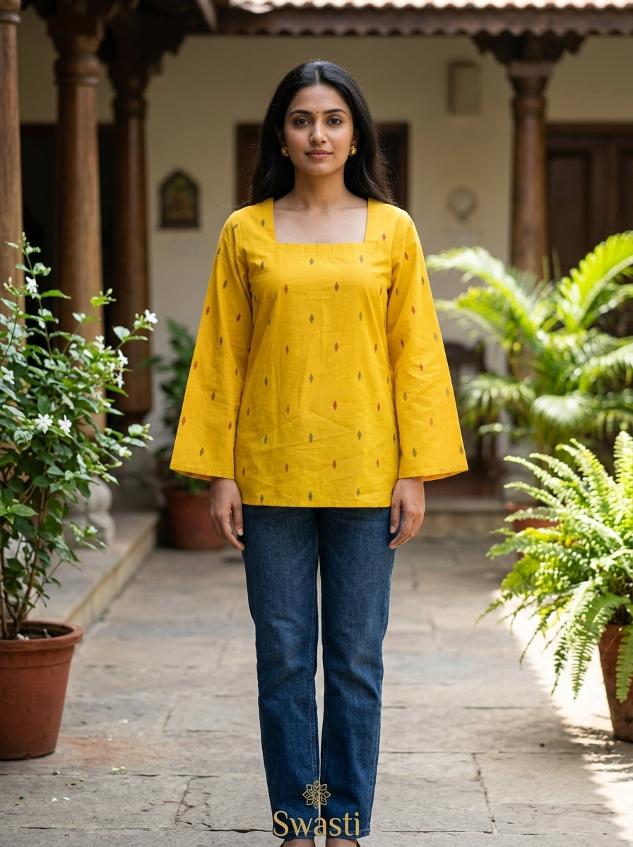 Mustard Ikat Cotton Square Neck Top Secondary image