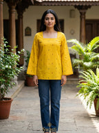 Mustard Ikat Cotton Square Neck Top