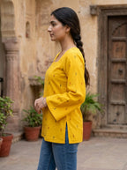 Mustard Ikat Cotton Square Neck Top