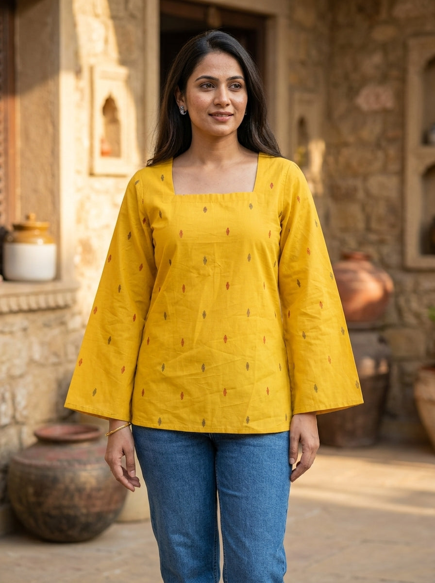 Mustard Ikat Cotton Square Neck Top Main image