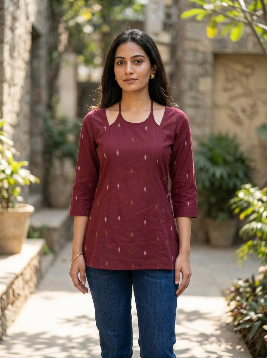 Maroon Ikat Cotton Lace-Back Top Main image