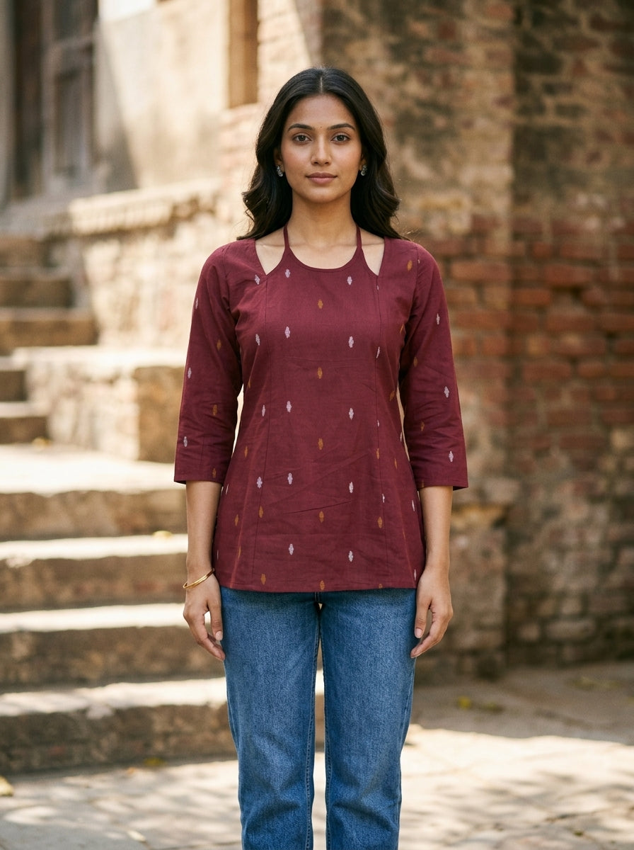 Maroon Ikat Cotton Lace-Back Top Secondary image