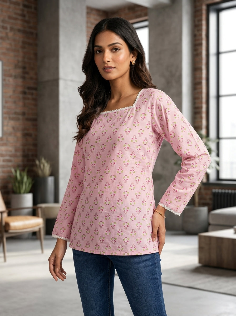 Pink Floral Cotton Lace-Back Top Secondary image