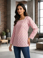 Pink Floral Cotton Lace-Back Top