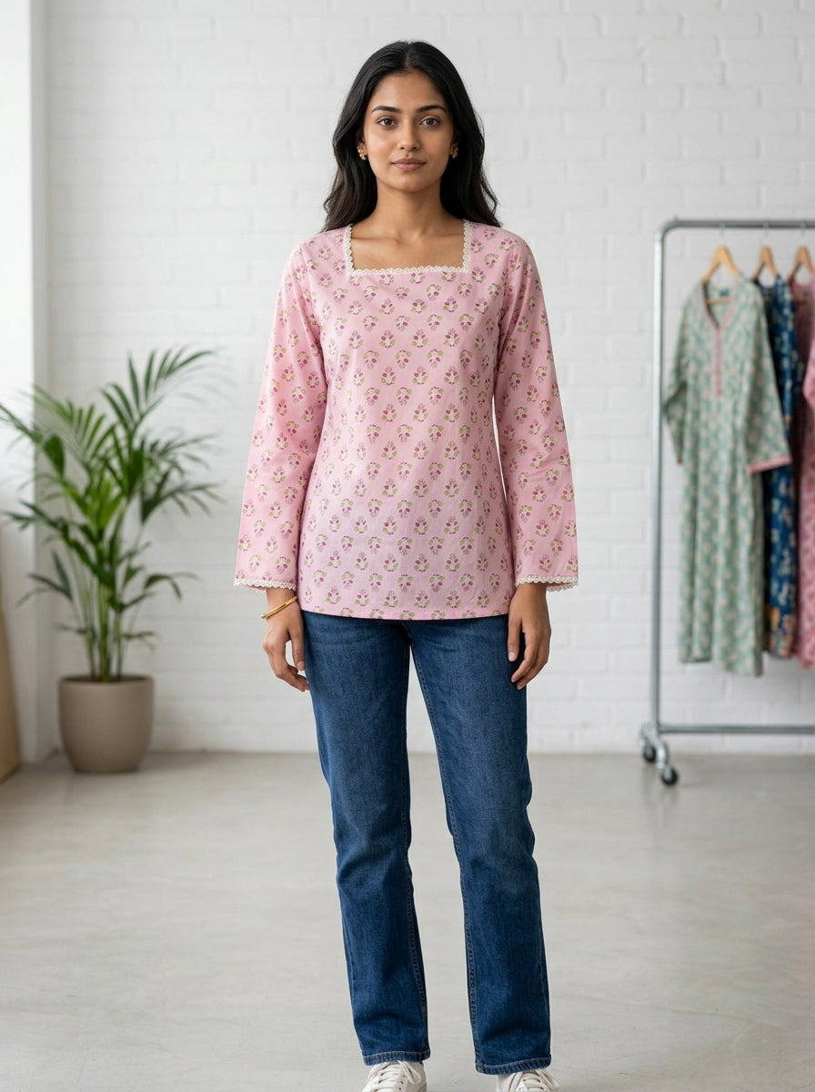 Pink Floral Cotton Lace-Back Top Main image
