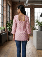 Pink Floral Cotton Lace-Back Top