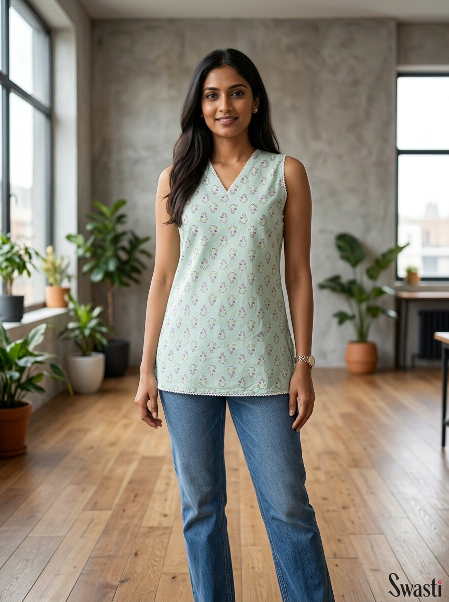 Mint Floral Cotton Lace-Back Sleeveless Top Main image