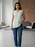 Mint Floral Cotton Lace-Back Sleeveless Top