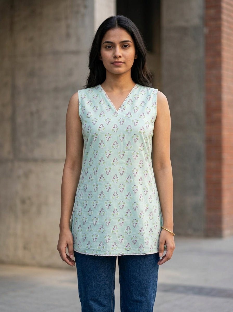 Mint Floral Cotton Lace-Back Sleeveless Top Secondary image