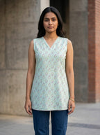 Mint Floral Cotton Lace-Back Sleeveless Top