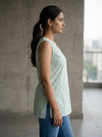 Mint Floral Cotton Lace-Back Sleeveless Top
