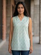 Mint Floral Cotton Lace-Back Sleeveless Top