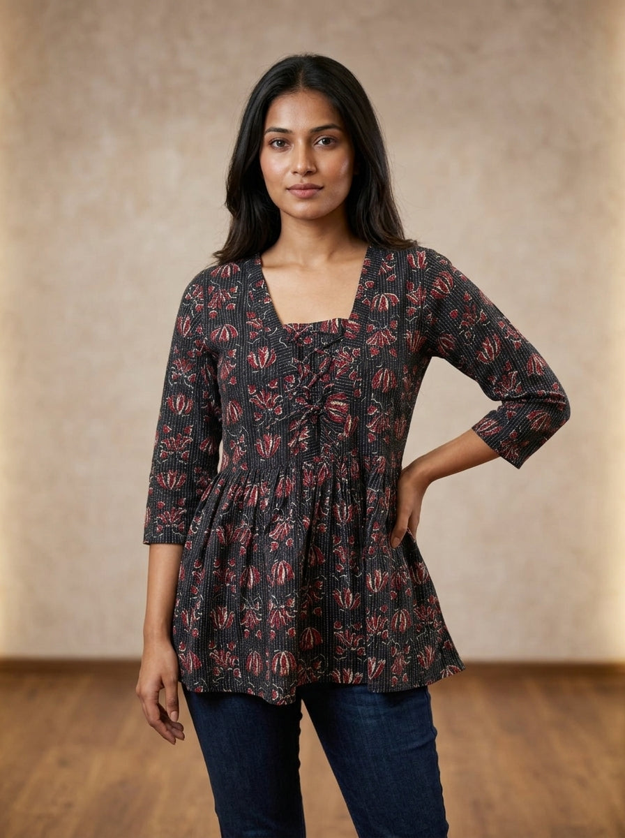 Black Floral Cotton Peplum Top Secondary image