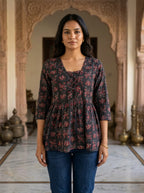 Black Floral Cotton Peplum Top
