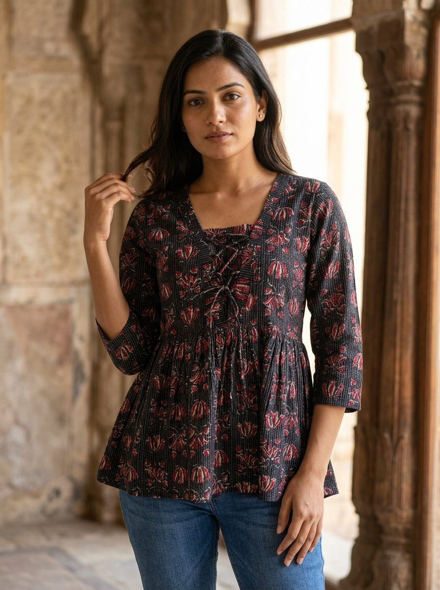 Black Floral Cotton Peplum Top Main image