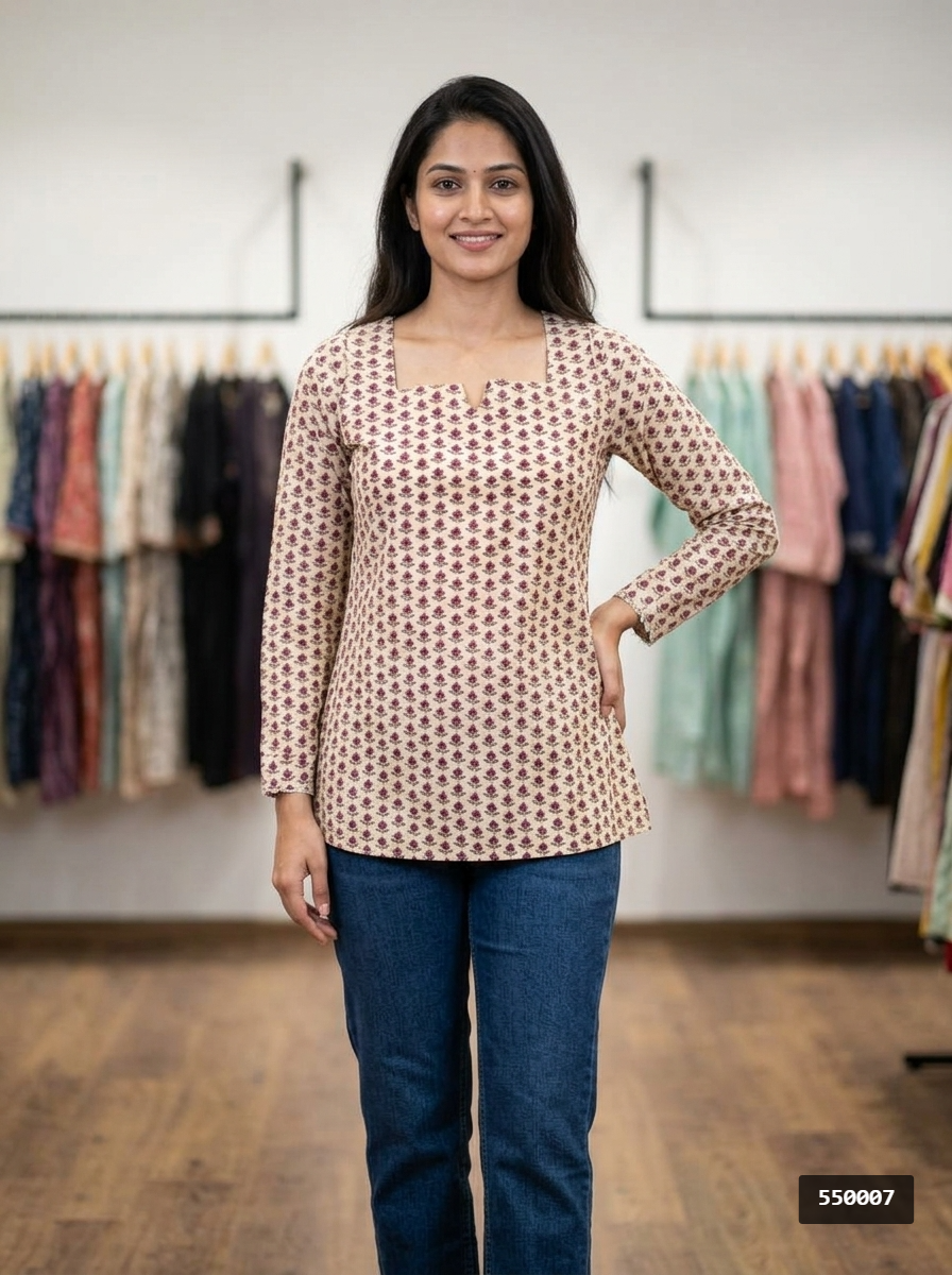 Beige Floral Cotton Notch Neck Top Secondary image