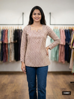Beige Floral Cotton Notch Neck Top