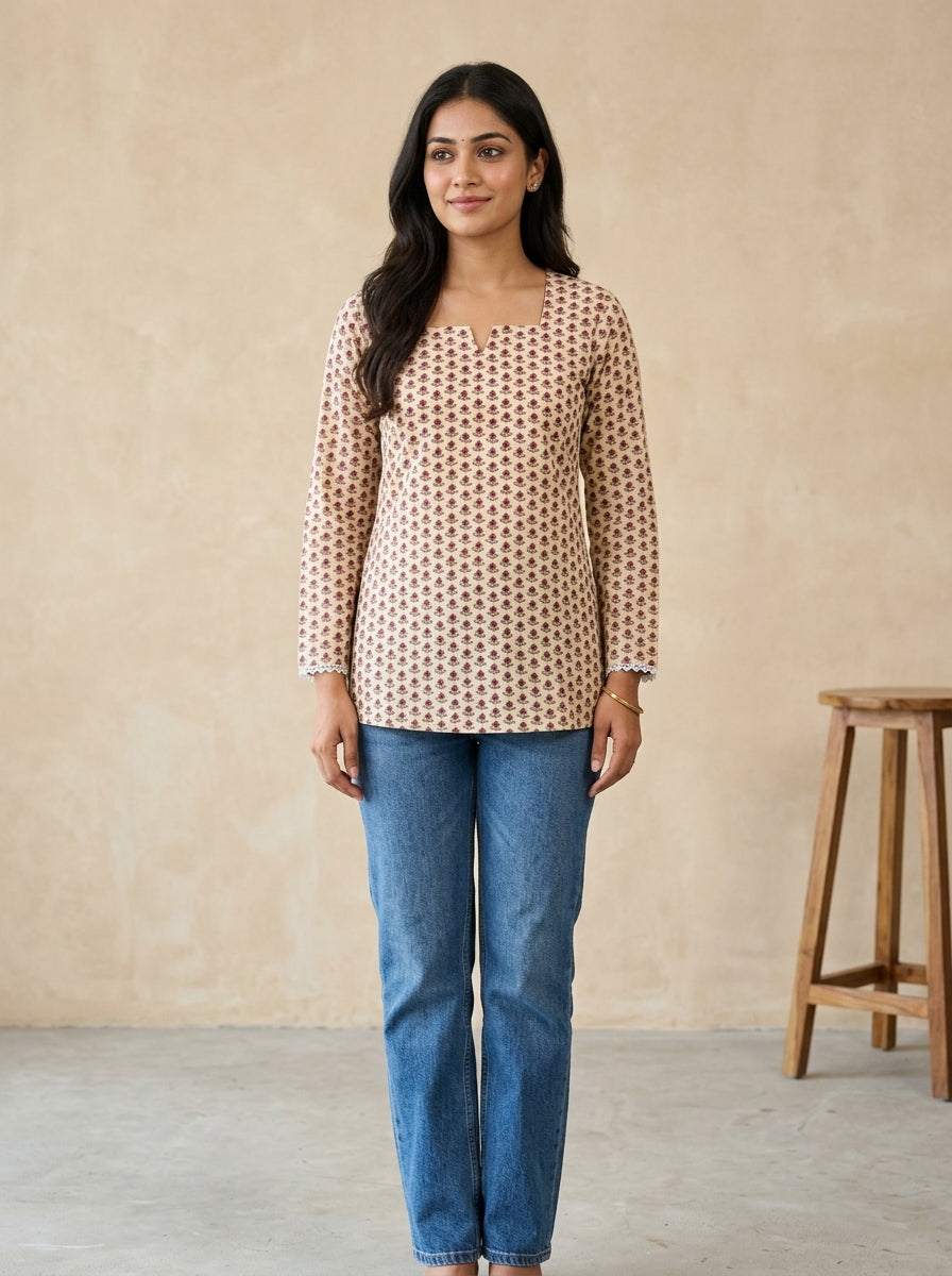 Beige Floral Cotton Notch Neck Top Main image