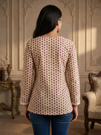 Beige Floral Cotton Notch Neck Top