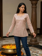 Beige Floral Cotton Notch Neck Top