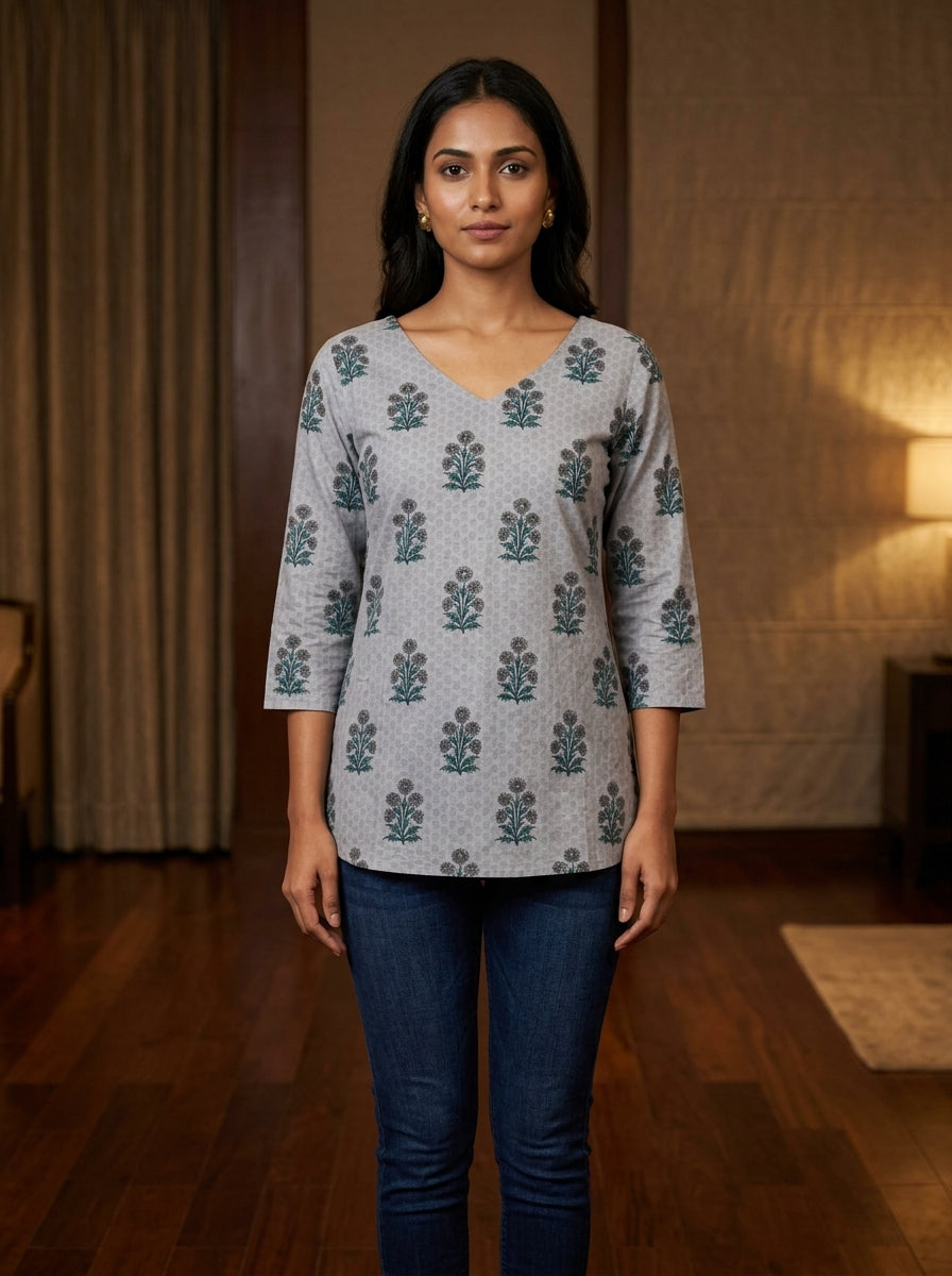 Grey Floral Cotton V-Neck Top Main image