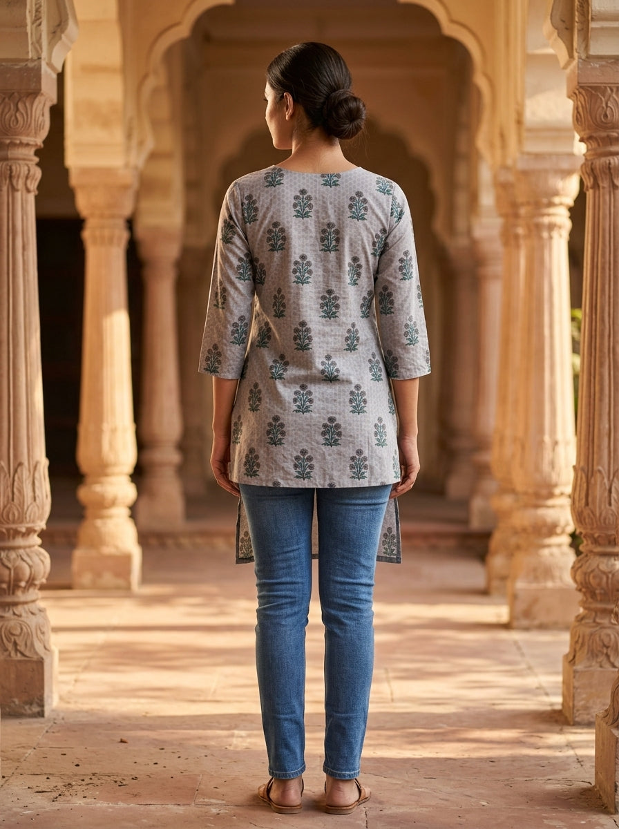 Grey Floral Cotton V-Neck Top Secondary image