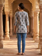 Grey Floral Cotton V-Neck Top