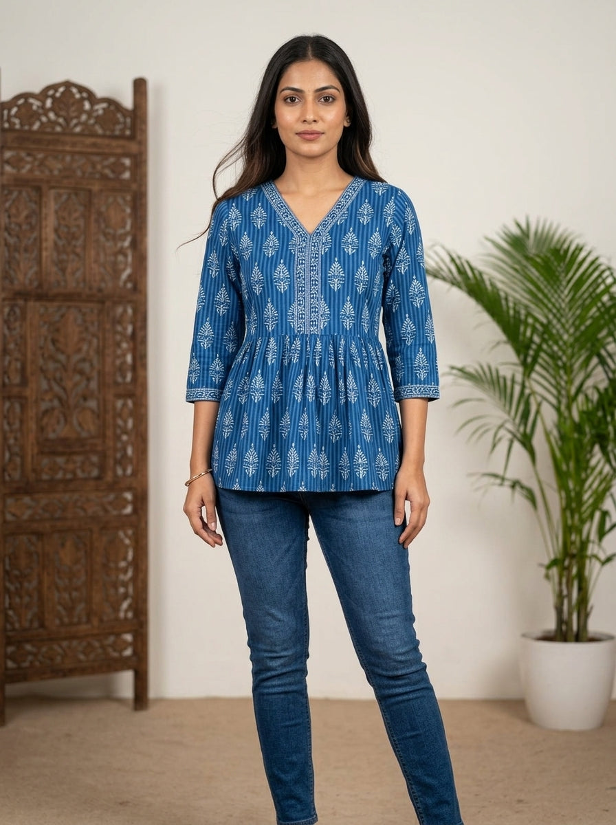 Blue Cotton Printed Peplum Top Main image