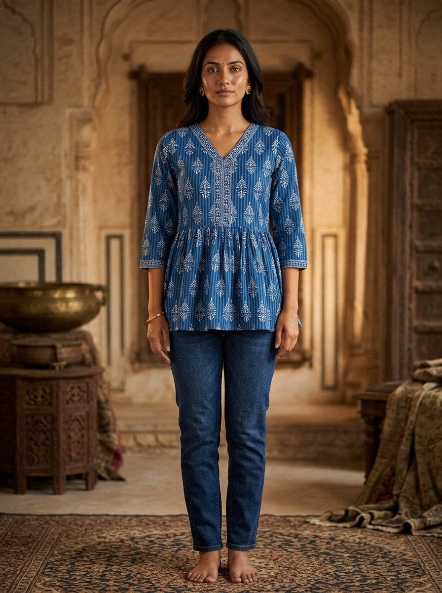 Blue Cotton Printed Peplum Top Secondary image