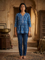 Blue Cotton Printed Peplum Top
